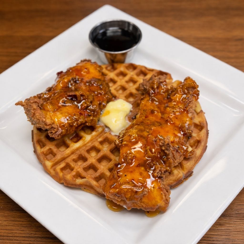 Chicken and waffles served for brunch at Oak and Iron