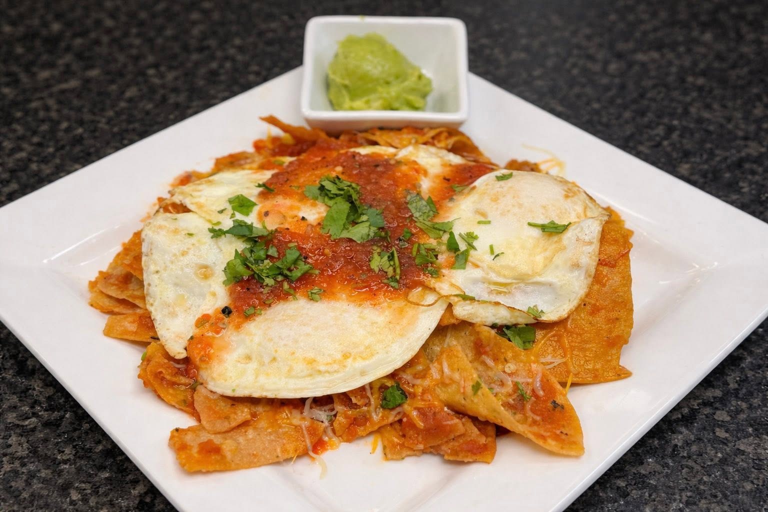 Breakfast nachos with fried eggs, salsa and guacamole served at Oak and Iron